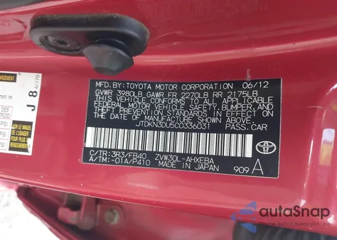 2012 Toyota Prius Two from USA, damaged, VIN JTDKN3DU5C0336031